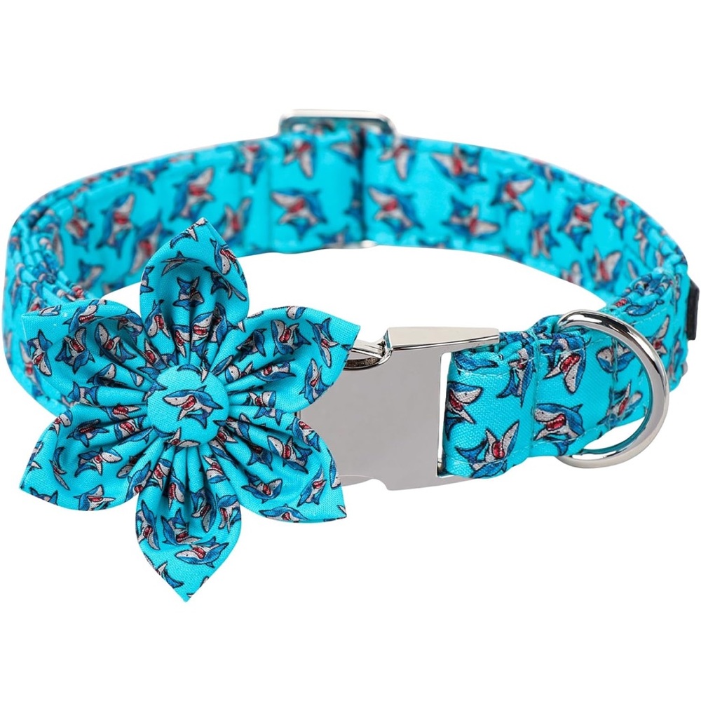 Blue Shark Summer Dog Collar with Detachable Flower Bow - Size Large